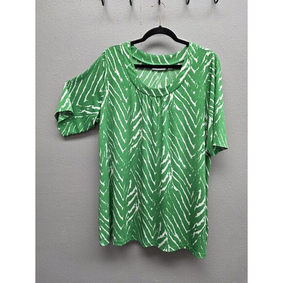 Susan Graver Shirt Womens 1X Green White Zebra Print Short Sleeve Stretch Top - Picture 1 of 8